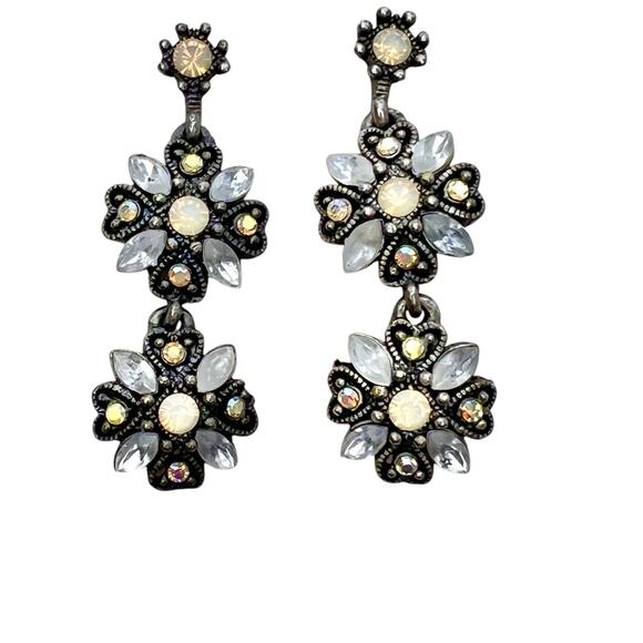 Earrings Dangle Rhinestones AB Color Accents Antiqued Silver Tone Romantic Boho - Picture 1 of 8